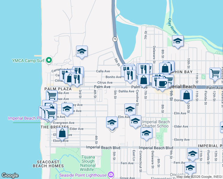 map of restaurants, bars, coffee shops, grocery stores, and more near 481 Palm Avenue in Imperial Beach