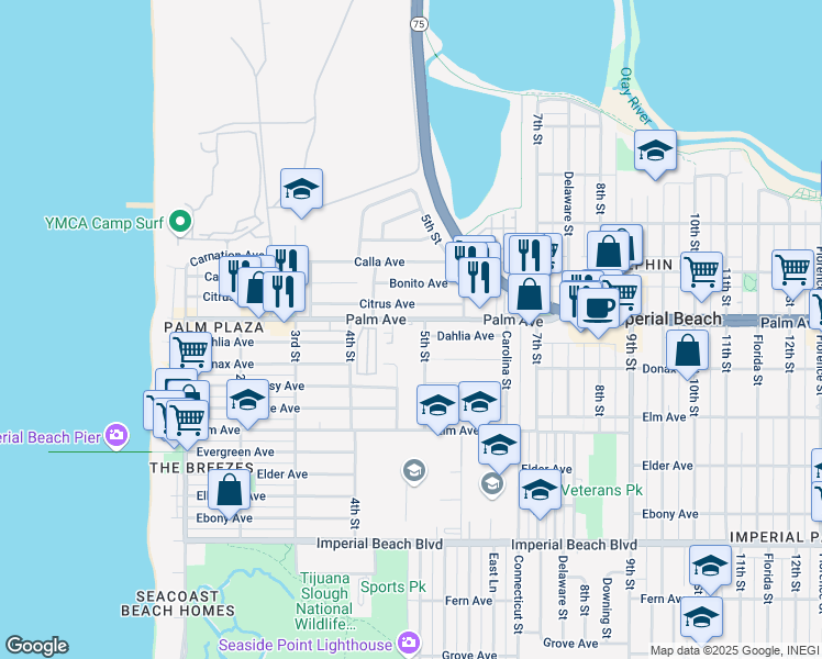 map of restaurants, bars, coffee shops, grocery stores, and more near 734 5th Street in Imperial Beach