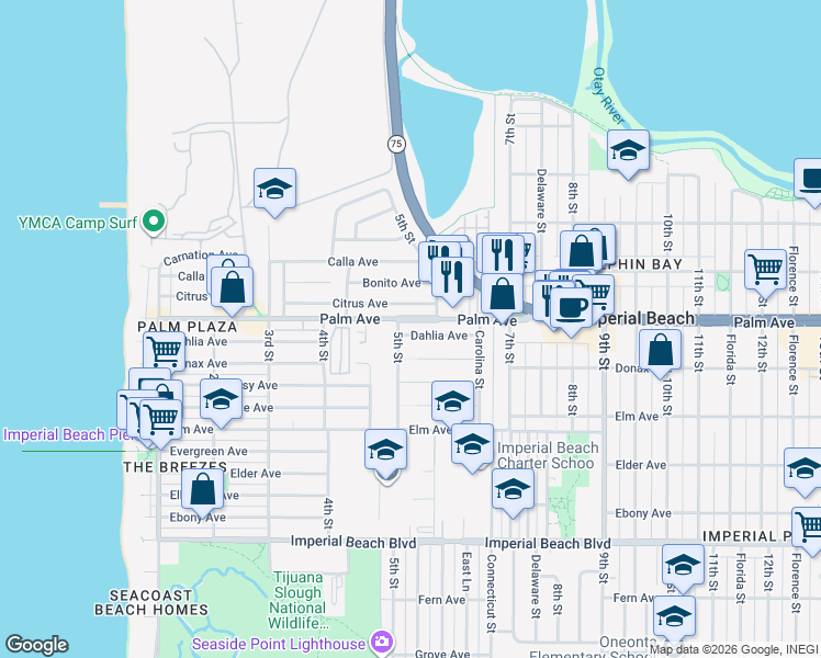 map of restaurants, bars, coffee shops, grocery stores, and more near 540 Donax Avenue in Imperial Beach
