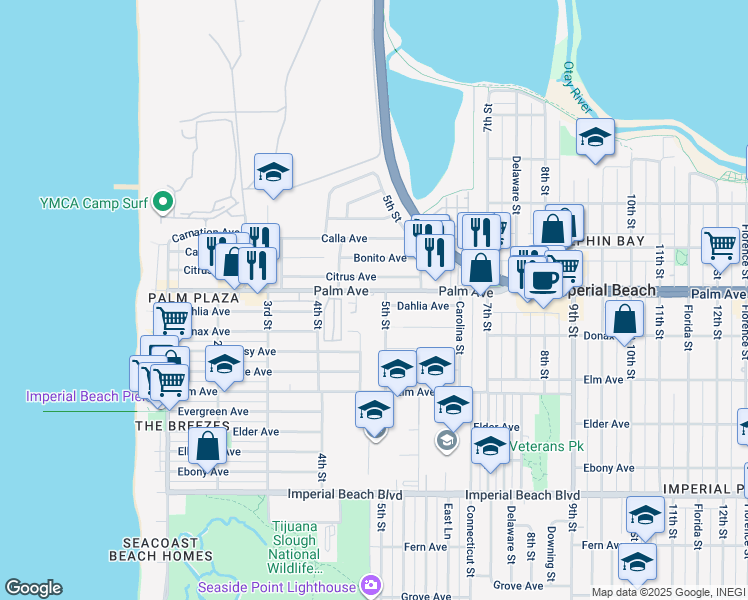 map of restaurants, bars, coffee shops, grocery stores, and more near 734 5th Street in Imperial Beach