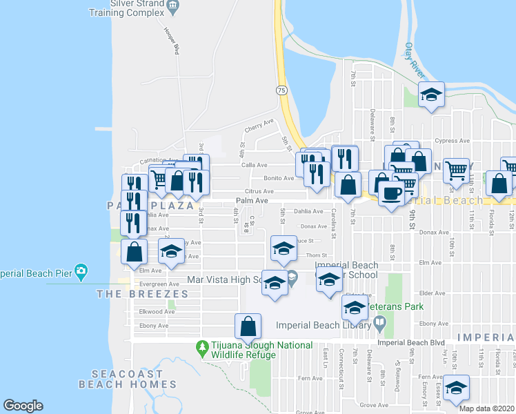 map of restaurants, bars, coffee shops, grocery stores, and more near 435 Sea Village Drive in Imperial Beach