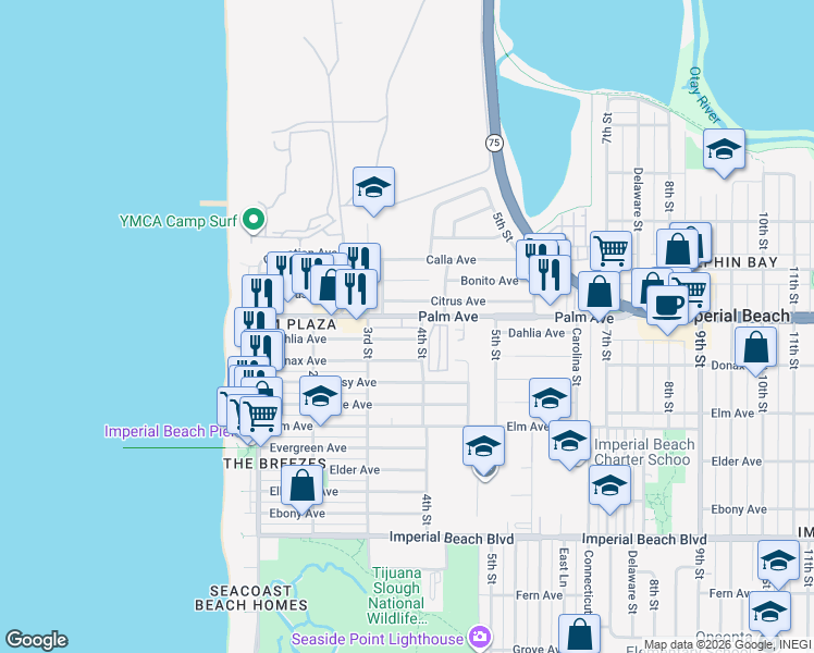 map of restaurants, bars, coffee shops, grocery stores, and more near 339 Dahlia Avenue in Imperial Beach