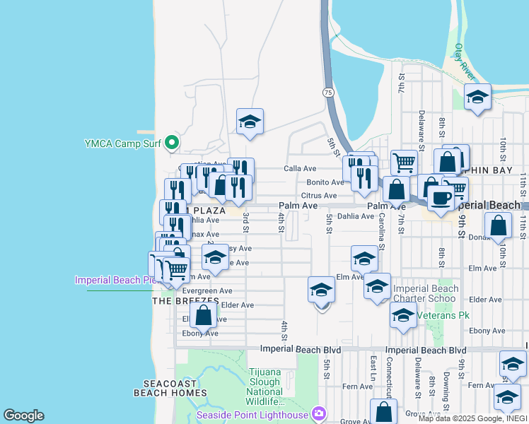 map of restaurants, bars, coffee shops, grocery stores, and more near 339 Dahlia Avenue in Imperial Beach