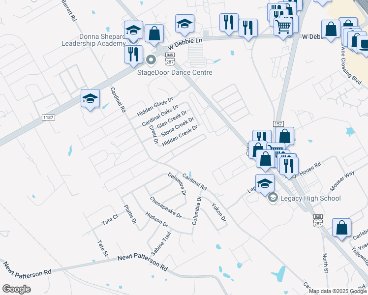 map of restaurants, bars, coffee shops, grocery stores, and more near 19 Thousand Oaks Drive in Mansfield
