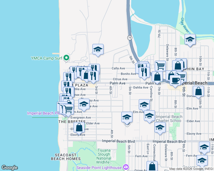 map of restaurants, bars, coffee shops, grocery stores, and more near 339 Dahlia Avenue in Imperial Beach