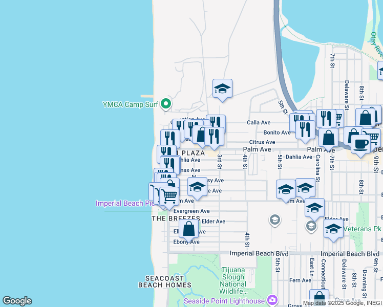 map of restaurants, bars, coffee shops, grocery stores, and more near 155 Dahlia Avenue in Imperial Beach