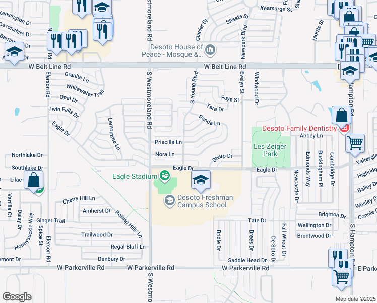 map of restaurants, bars, coffee shops, grocery stores, and more near 653 Nora Lane in DeSoto