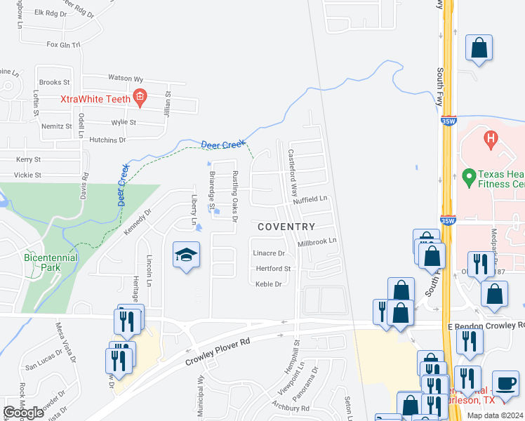 map of restaurants, bars, coffee shops, grocery stores, and more near 525 Nuffield Lane in Crowley