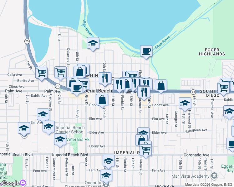 map of restaurants, bars, coffee shops, grocery stores, and more near 1115 Palm Avenue in Imperial Beach