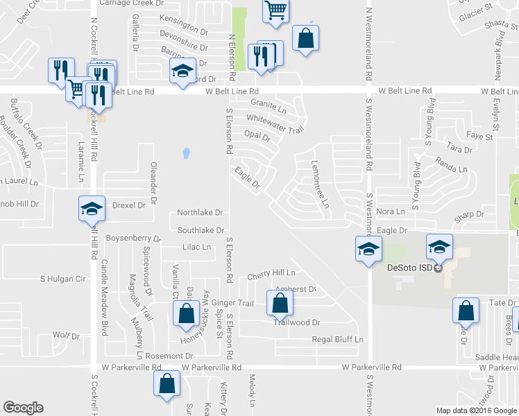 map of restaurants, bars, coffee shops, grocery stores, and more near 300 South Elerson Road in DeSoto