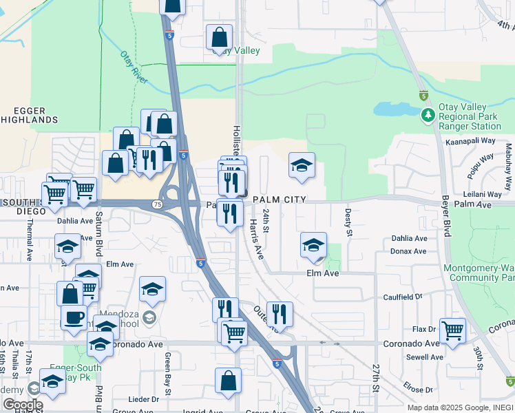 map of restaurants, bars, coffee shops, grocery stores, and more near 2353 Palm Avenue in San Diego