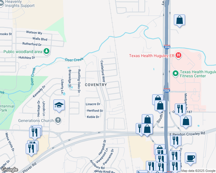map of restaurants, bars, coffee shops, grocery stores, and more near 420 Prescott Lane in Crowley