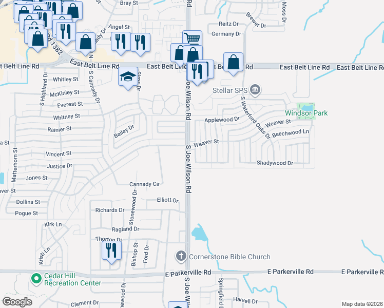 map of restaurants, bars, coffee shops, grocery stores, and more near 321 Birchwood Lane in Cedar Hill