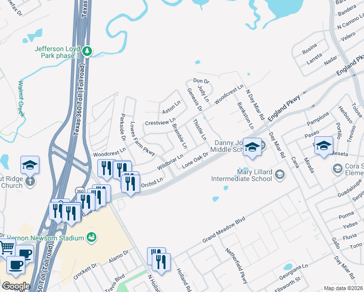 map of restaurants, bars, coffee shops, grocery stores, and more near 4207 Wildbriar Lane in Mansfield