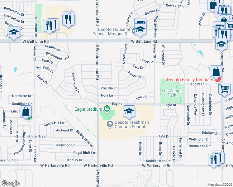 map of restaurants, bars, coffee shops, grocery stores, and more near 701 Nora Lane in DeSoto