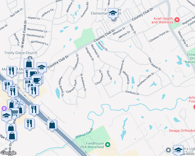 map of restaurants, bars, coffee shops, grocery stores, and more near 922 Kingston Drive in Mansfield
