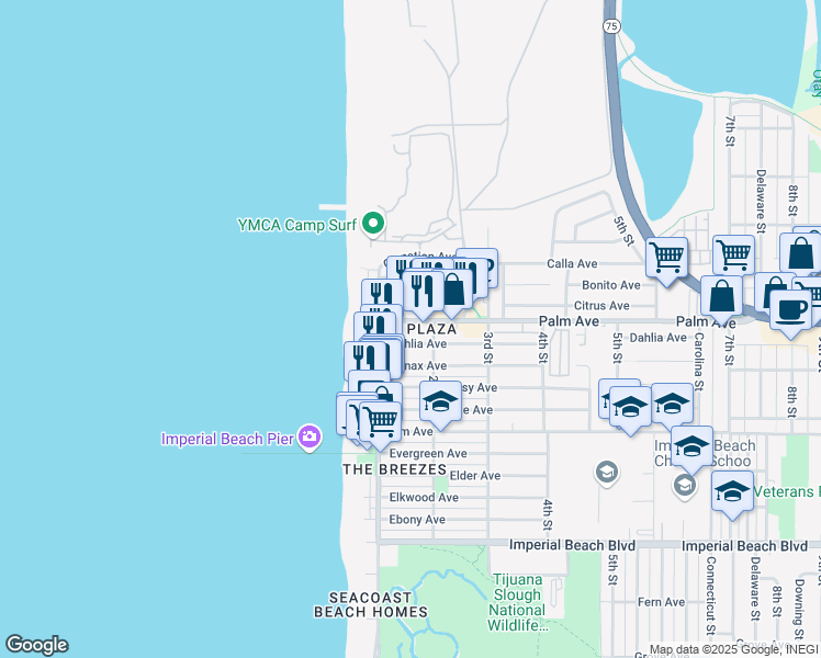 map of restaurants, bars, coffee shops, grocery stores, and more near 133 Palm Avenue in Imperial Beach
