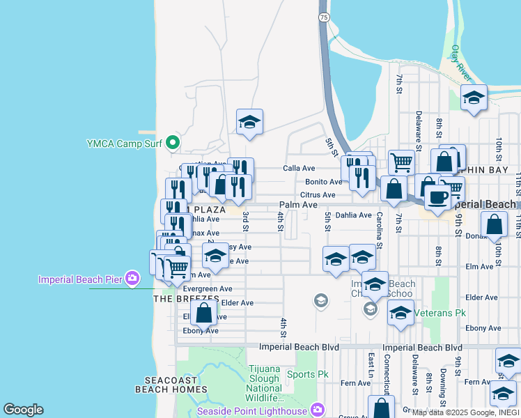 map of restaurants, bars, coffee shops, grocery stores, and more near 343 Palm Avenue in Imperial Beach