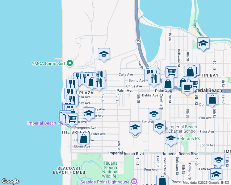 map of restaurants, bars, coffee shops, grocery stores, and more near 339 Dahlia Avenue in Imperial Beach