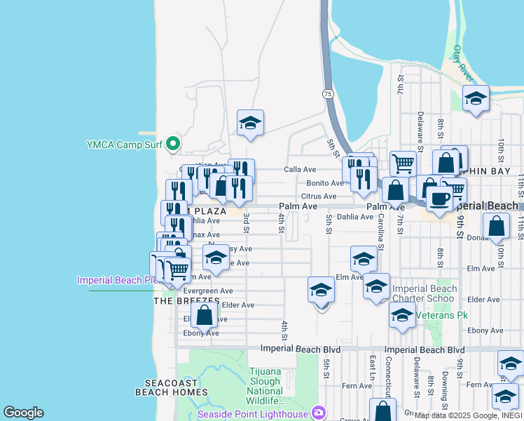 map of restaurants, bars, coffee shops, grocery stores, and more near 339 Dahlia Avenue in Imperial Beach