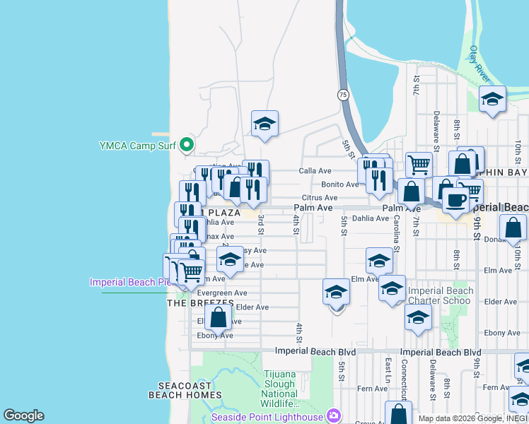 map of restaurants, bars, coffee shops, grocery stores, and more near 287 Dahlia Avenue in Imperial Beach