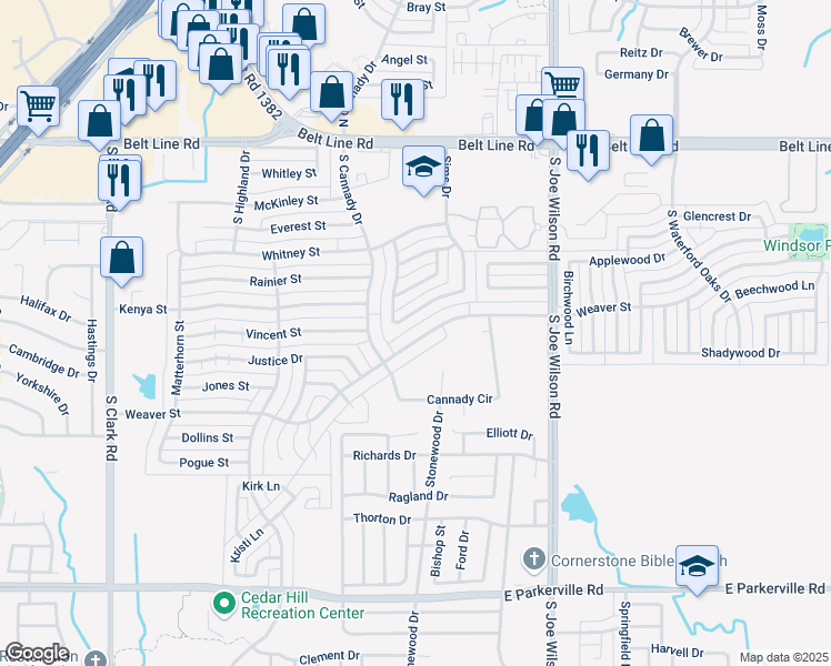map of restaurants, bars, coffee shops, grocery stores, and more near 502 Cannady Circle in Cedar Hill