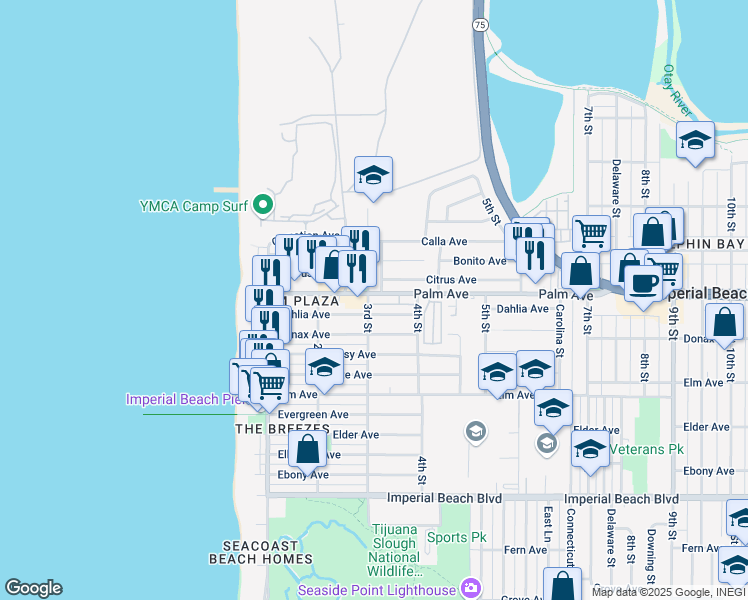 map of restaurants, bars, coffee shops, grocery stores, and more near 287 Dahlia Avenue in Imperial Beach