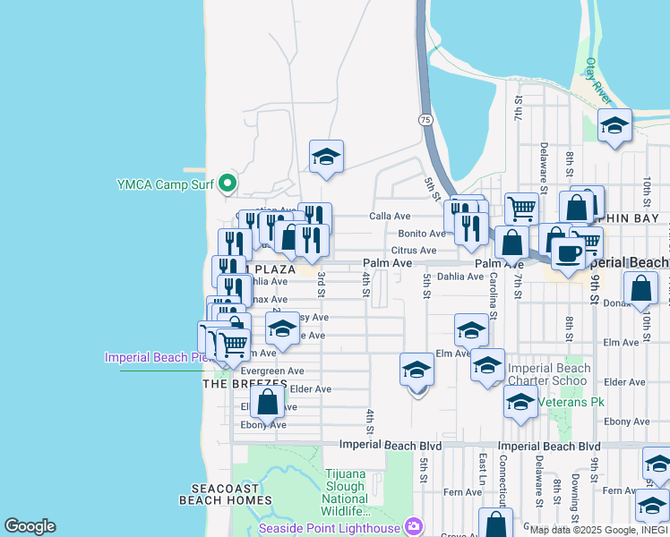 map of restaurants, bars, coffee shops, grocery stores, and more near 287 Dahlia Avenue in Imperial Beach