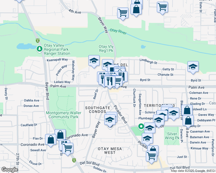 map of restaurants, bars, coffee shops, grocery stores, and more near Palm Avenue & Beyer Way in San Diego