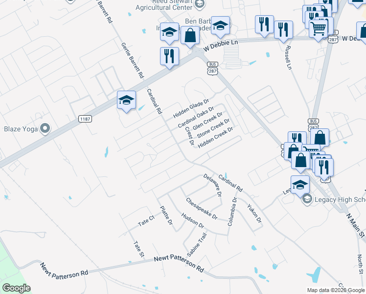 map of restaurants, bars, coffee shops, grocery stores, and more near 1202 Maple Terrace Drive in Mansfield