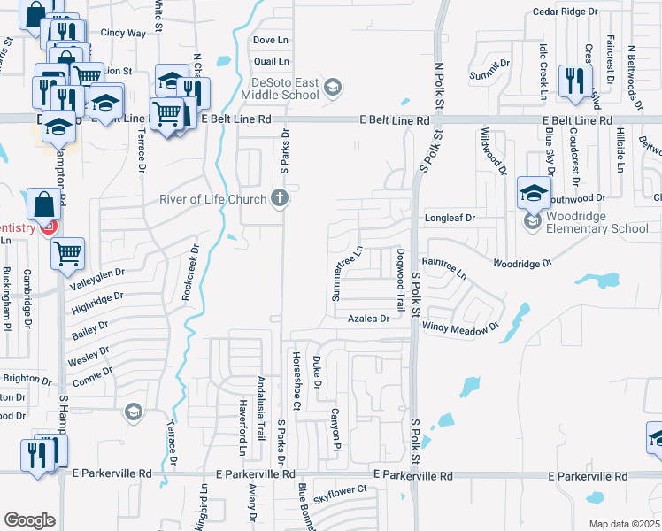 map of restaurants, bars, coffee shops, grocery stores, and more near 431 Summertree Lane in DeSoto