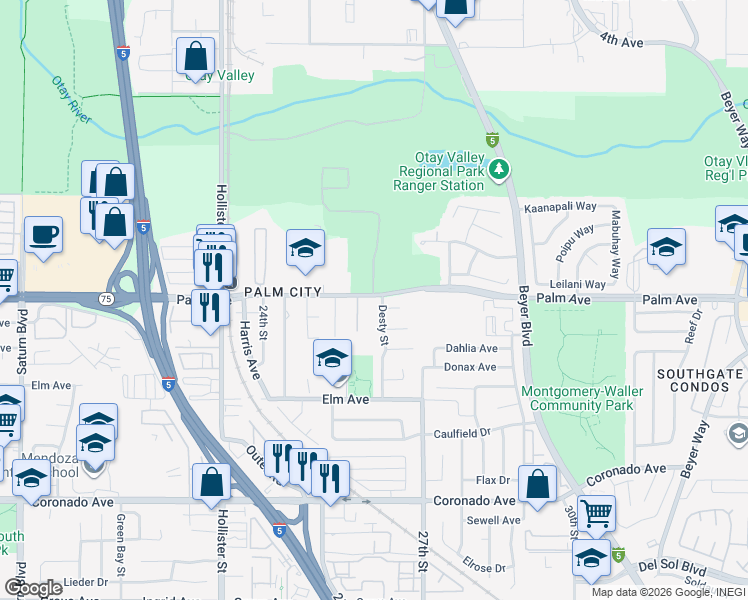 map of restaurants, bars, coffee shops, grocery stores, and more near 2587 Palm Avenue in San Diego