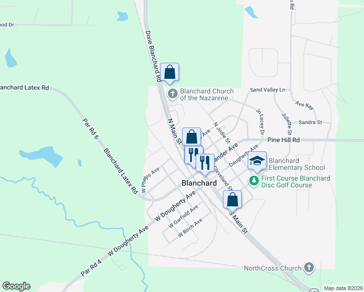 map of restaurants, bars, coffee shops, grocery stores, and more near 200 North Main Street in Blanchard