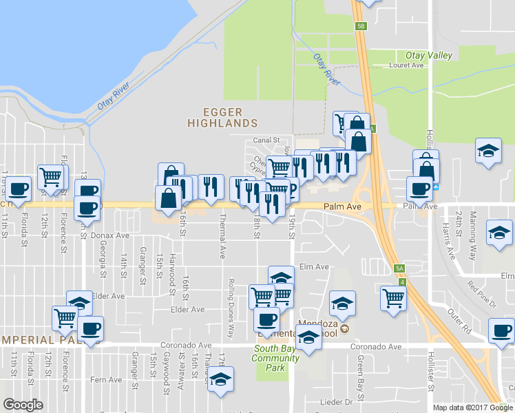 map of restaurants, bars, coffee shops, grocery stores, and more near Palm Ave & 18th St in San Diego