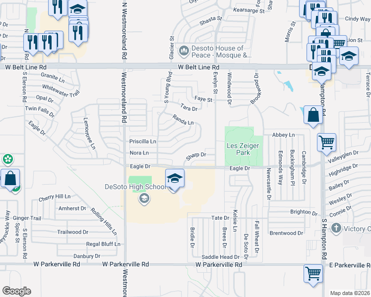 map of restaurants, bars, coffee shops, grocery stores, and more near 609 Nora Lane in DeSoto