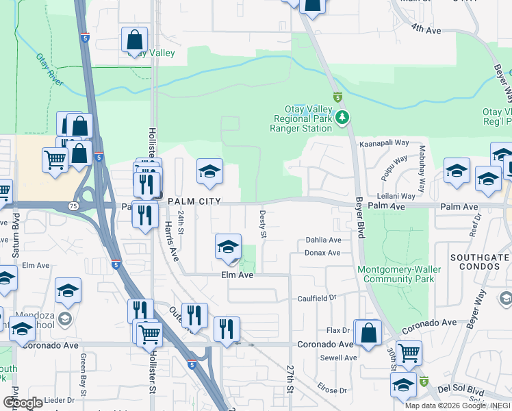 map of restaurants, bars, coffee shops, grocery stores, and more near 2587 Palm Avenue in San Diego