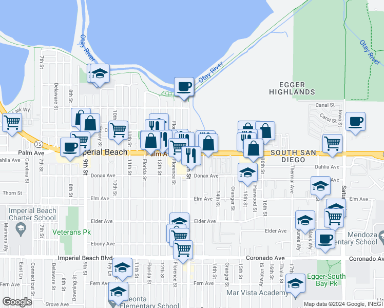 map of restaurants, bars, coffee shops, grocery stores, and more near in Imperial Beach