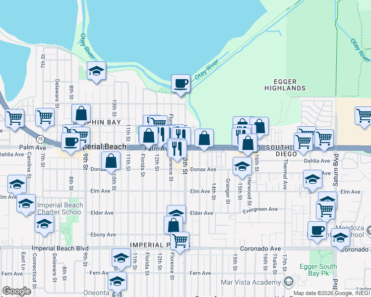map of restaurants, bars, coffee shops, grocery stores, and more near 1268 Palm Avenue in Imperial Beach