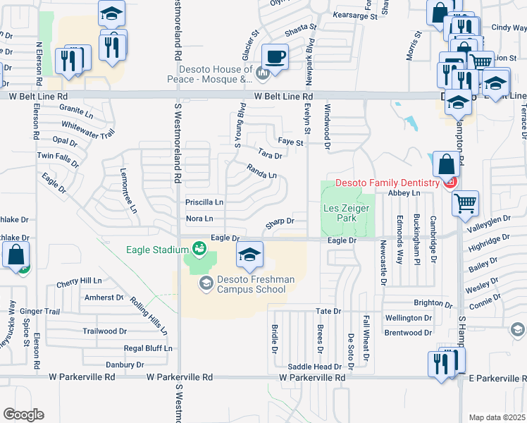 map of restaurants, bars, coffee shops, grocery stores, and more near 620 Nora Lane in DeSoto