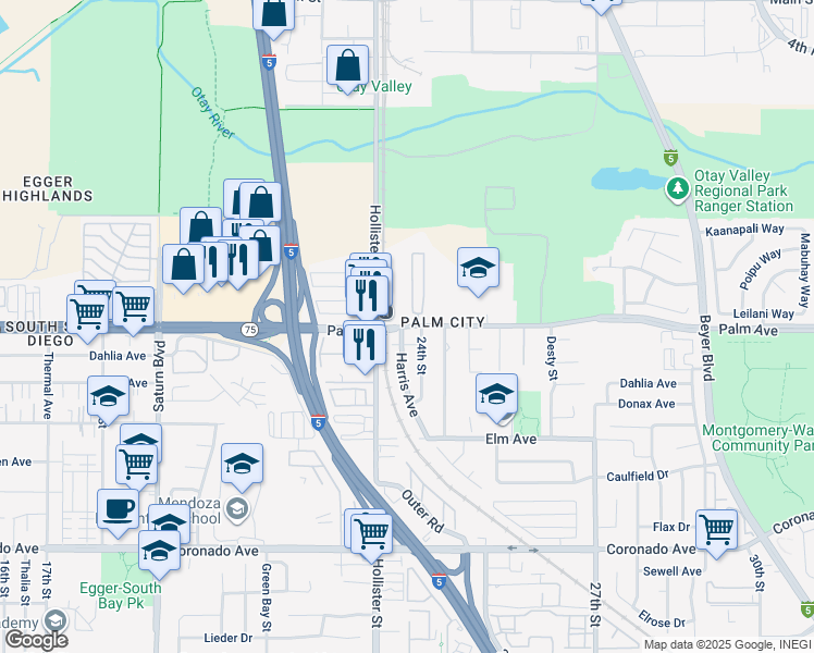 map of restaurants, bars, coffee shops, grocery stores, and more near Palm Avenue in San Diego