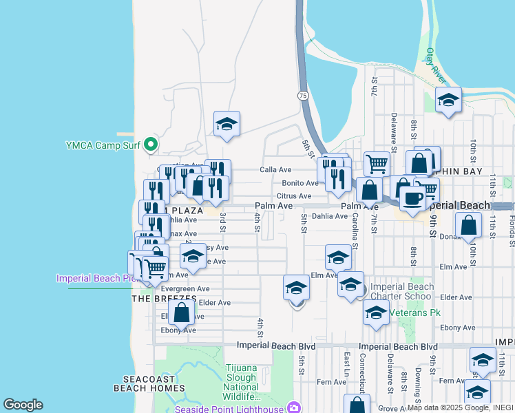 map of restaurants, bars, coffee shops, grocery stores, and more near 348 Citrus Avenue in Imperial Beach