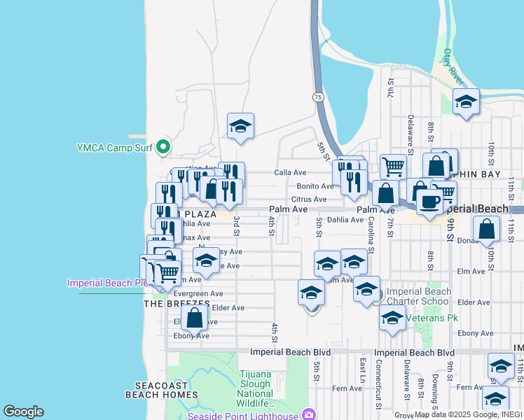 map of restaurants, bars, coffee shops, grocery stores, and more near 348 Citrus Avenue in Imperial Beach