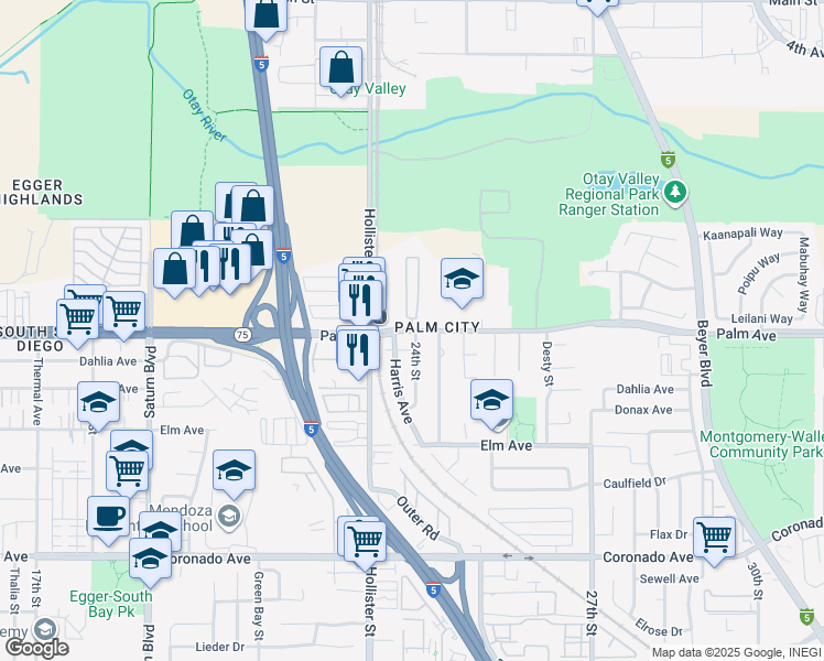 map of restaurants, bars, coffee shops, grocery stores, and more near Palm Avenue in San Diego County