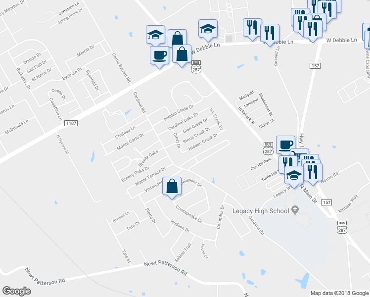 map of restaurants, bars, coffee shops, grocery stores, and more near 1216 Hidden Creek Drive in Mansfield