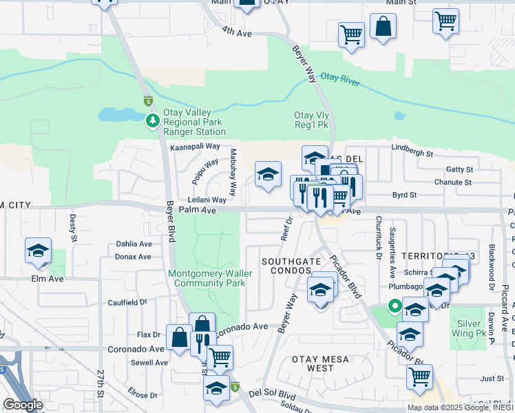 map of restaurants, bars, coffee shops, grocery stores, and more near 3250 Palm Avenue in San Diego