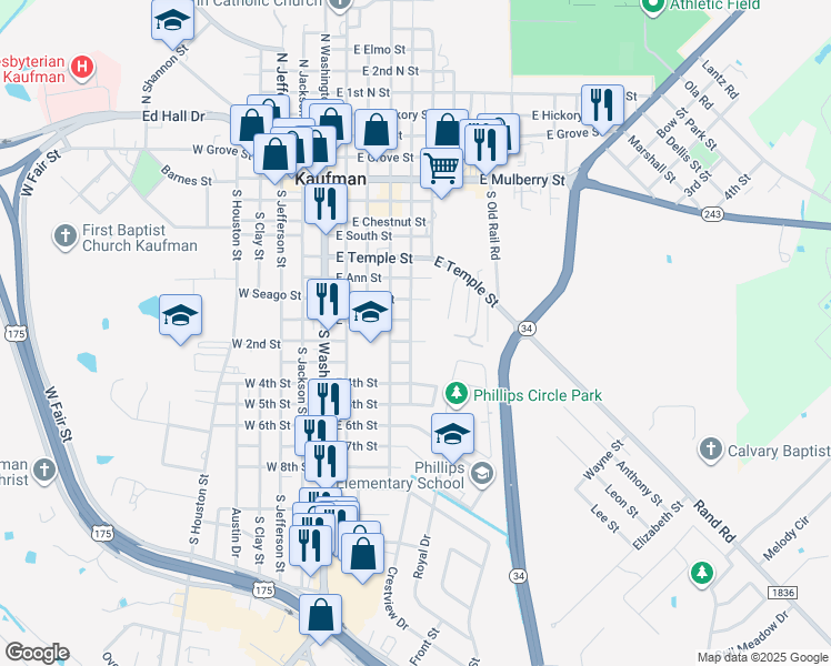 map of restaurants, bars, coffee shops, grocery stores, and more near 704 South Wilson Street in Kaufman