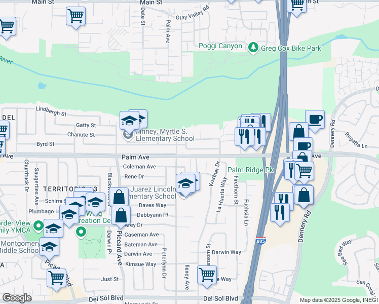 map of restaurants, bars, coffee shops, grocery stores, and more near 667 Twining Avenue in San Diego