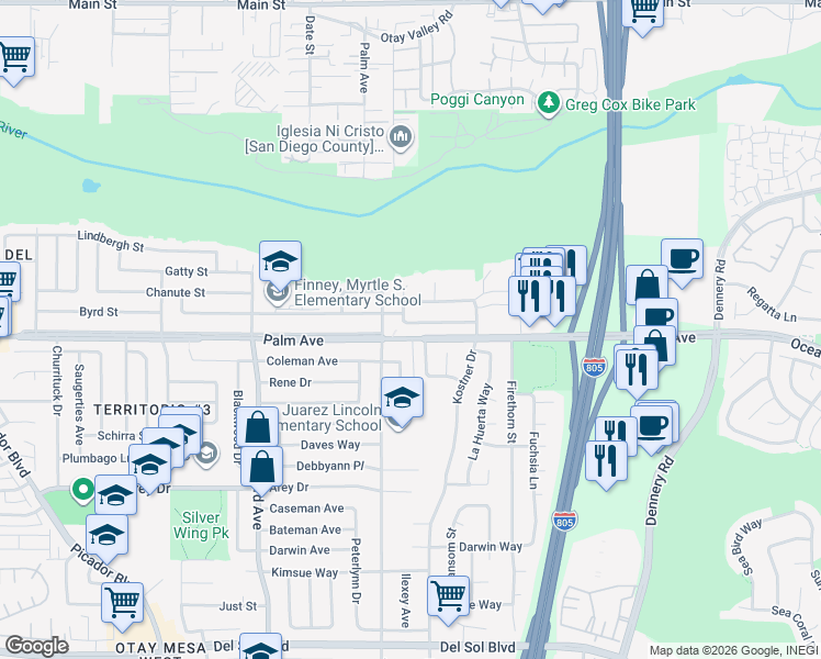 map of restaurants, bars, coffee shops, grocery stores, and more near 667 Twining Avenue in San Diego