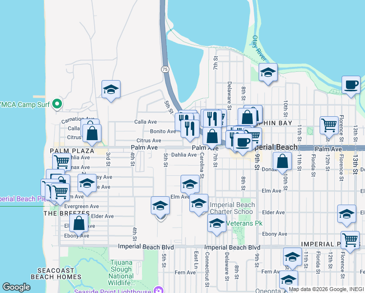 map of restaurants, bars, coffee shops, grocery stores, and more near 566 Citrus Avenue in Imperial Beach