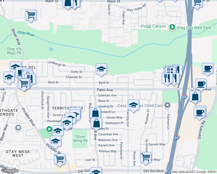 map of restaurants, bars, coffee shops, grocery stores, and more near 3982 Palm Avenue in San Diego